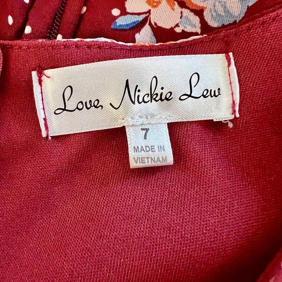 Love, Nickie Lew Women s High Low Floral Dress Size 7 Maroon Red Sleeveless M - Picture 8 of 8